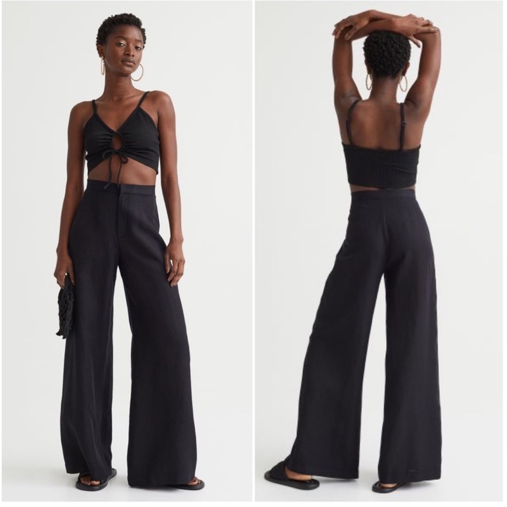 H&M Black Linen Blend Wide Leg Dressy trouser pant size 10
